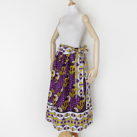 アフリカ布のギャザースカート｜サッシュベルト付き / カンガスカート 5枚目の画像