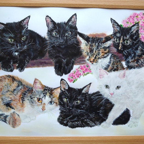 似顔絵 家族 ペット 猫 犬 描きます （A3サイズ） 絵画 りんりん