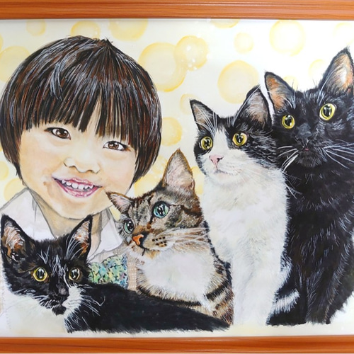似顔絵 家族 ペット 猫 犬 描きます （A3サイズ） 絵画 りんりん