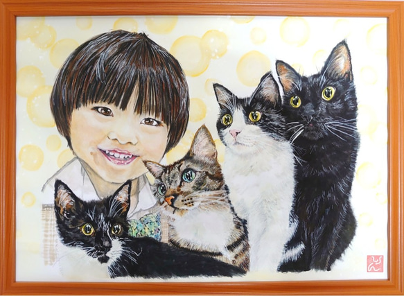 似顔絵　家族　ペット　猫　犬　描きます　（A3サイズ） 2枚目の画像