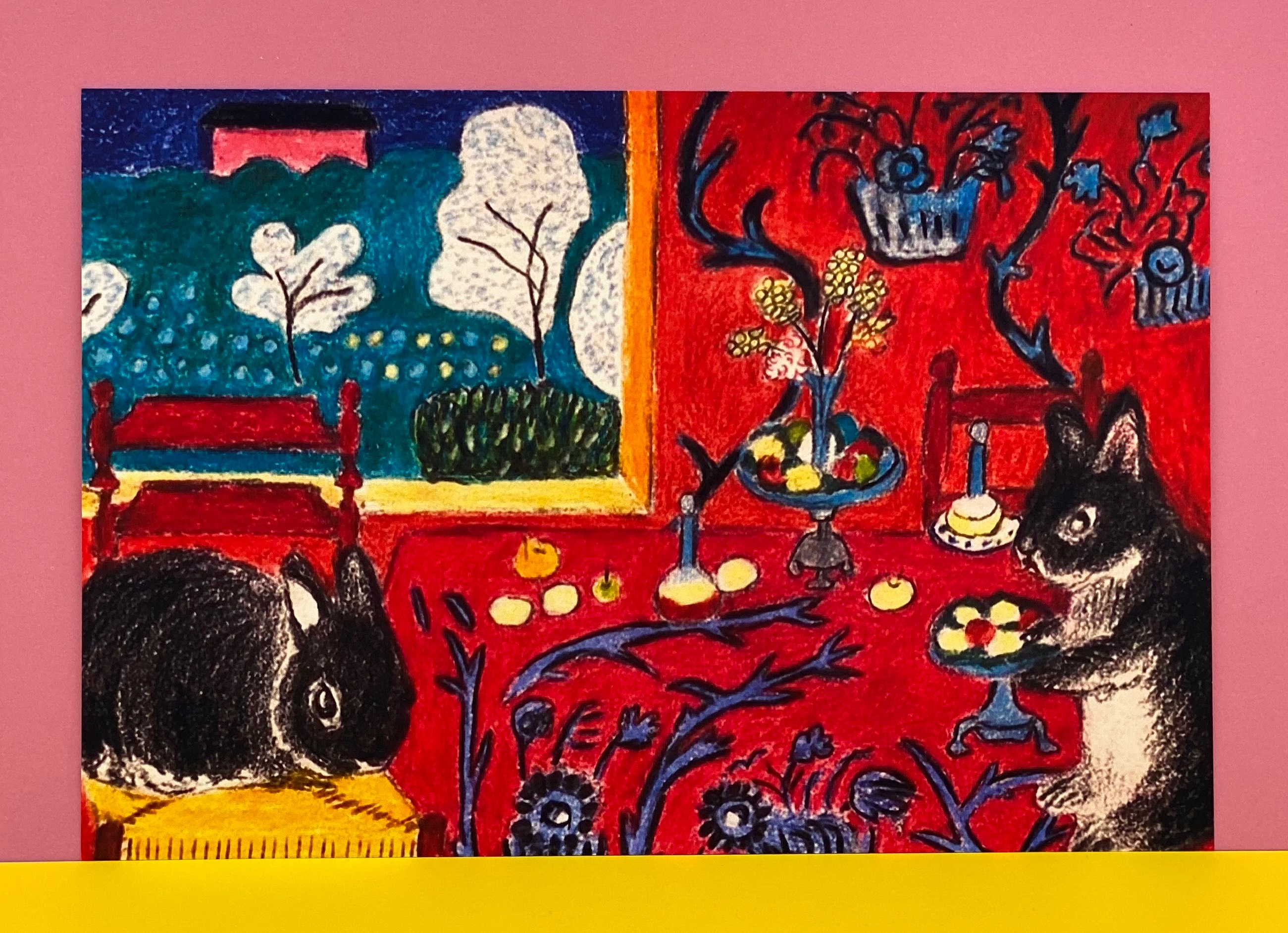 在庫処分セール テ 名画コラボシリーズ[うさぎの赤いハーモニー]同柄ポストカード3 額縁