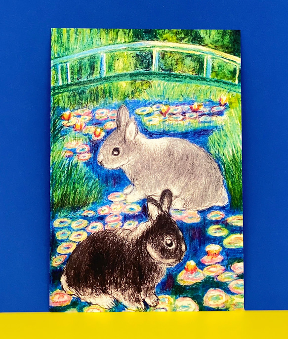 名画コラボシリーズ[うさぎの睡蓮]同柄ポストカード3枚セット　クロード・モネ　睡蓮　絵画　名作 1枚目の画像