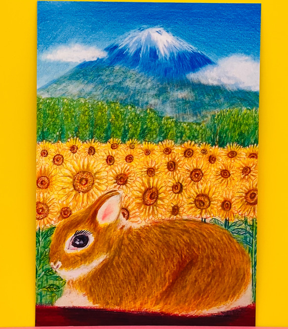 [日本一の夏の富士山とひまわり畑と黄色うさぎちゃん]同柄ポストカード3枚セット　富士山　ひまわり　夏 1枚目の画像