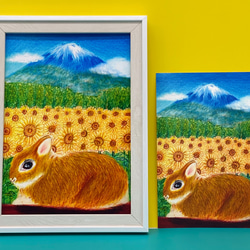 SALE[日本一の夏の富士山とひまわり畑とうさぎちゃん] 複製画(印刷)※サイズ2Ｌ127✖️178)額付きです。 1枚目の画像