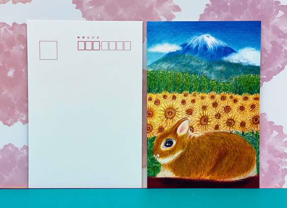 SALE[日本一の夏の富士山とひまわり畑とうさぎちゃん] 複製画(印刷)※サイズ2Ｌ127✖️178)額付きです。 3枚目の画像