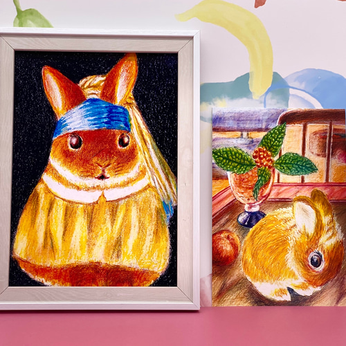 再販 SALE[フェルメールの真珠の耳飾りのうさぎ 複製画(印刷
