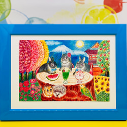 [うさぎ達のデザートパーティー]ハリネズミくん、ハムスターくん、インコちゃんと一緒同柄ポストカード3枚セット 5枚目の画像