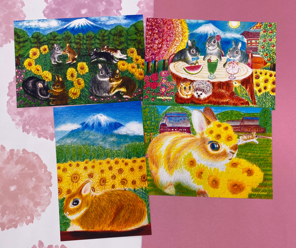 お盆SALE うさぎと日本一の富士山&ひまわり&フルーツ沢山　ポストカード5枚セット 2枚目の画像
