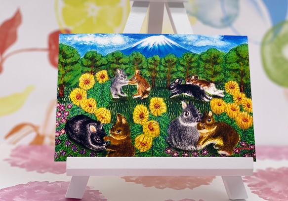 お盆SALE うさぎと日本一の富士山&ひまわり&フルーツ沢山　ポストカード5枚セット 4枚目の画像