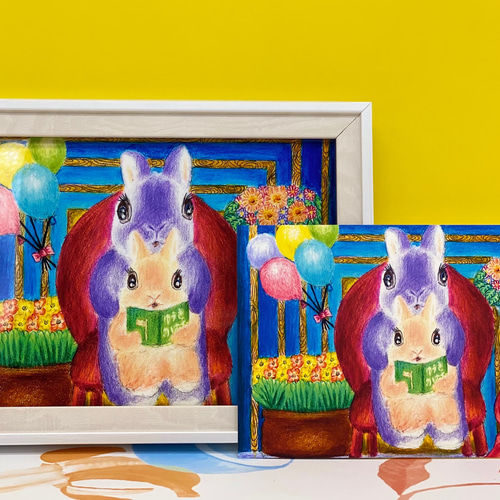 サマーSALE[うさぎ親子のほのぼの絵本タイム❤️] 複製画(印刷