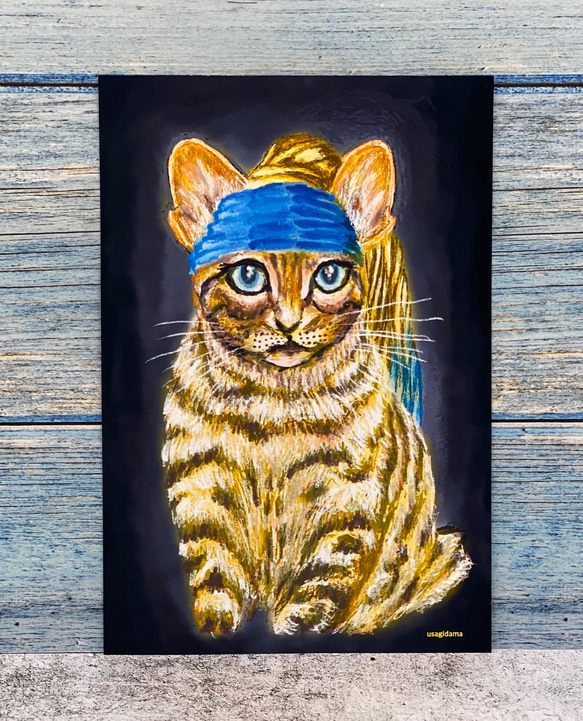 猫のポストカード　絵画コラボ　フェルメールの真珠の耳飾りの少女になりきる猫ちゃん同柄ポストカード4枚セット 1枚目の画像