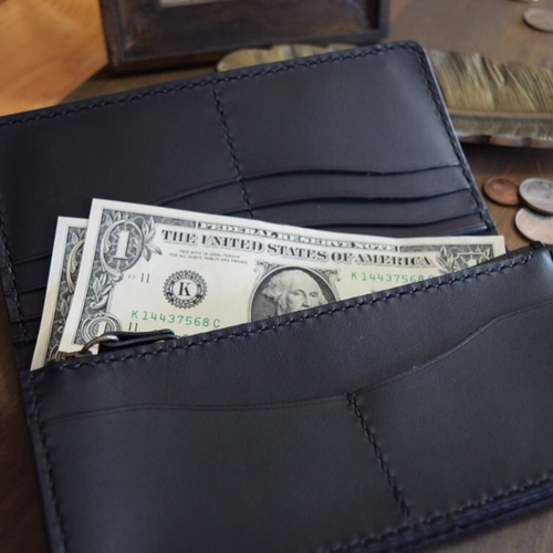 本革　財布　オールレザー　手縫い　レザークラフト ハンドメイド　長財布　黒色 二つ折り財布 ショートウォレット ビジネス・フォーマル 黒革