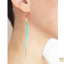 Blue goose quill with red coral, hook earrings 第4張的照片
