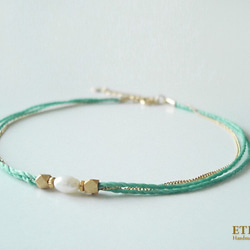 fresh water pearl and metal beads, cord anklet (emerald gree 第2張的照片