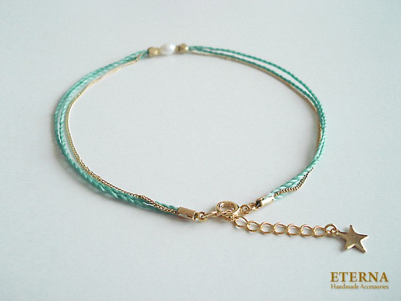 fresh water pearl and metal beads, cord anklet (emerald gree 第3張的照片