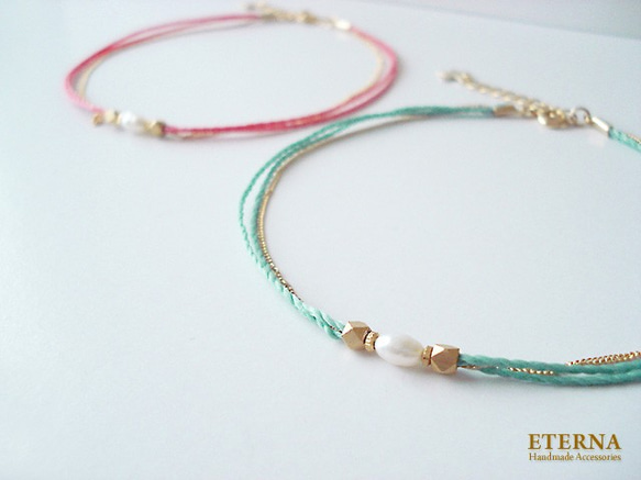 fresh water pearl and metal beads, cord anklet (emerald gree 第4張的照片