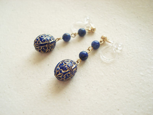 Lapis Lazuli, antique style clip on earrings（夾式） 第2張的照片