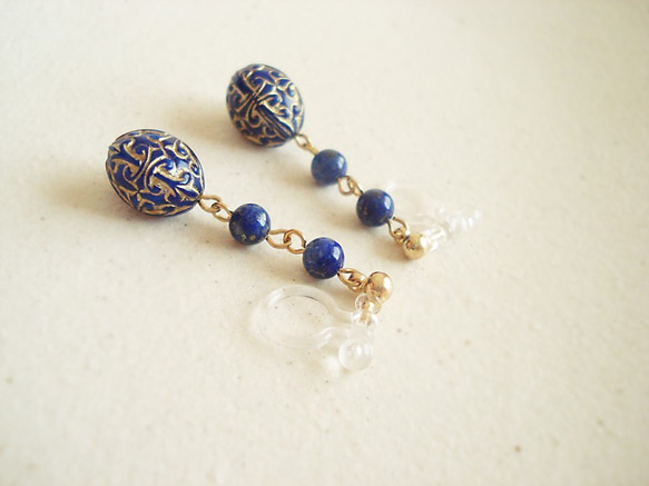 Lapis Lazuli, antique style clip on earrings（夾式） 第3張的照片