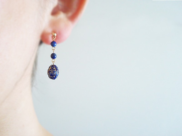 Lapis Lazuli, antique style clip on earrings（夾式） 第1張的照片