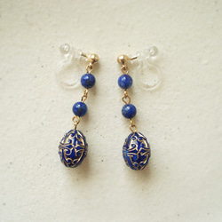 Lapis Lazuli, antique style clip on earrings（夾式） 第4張的照片