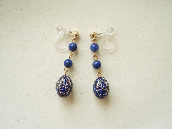 Lapis Lazuli, antique style clip on earrings（夾式） 第4張的照片