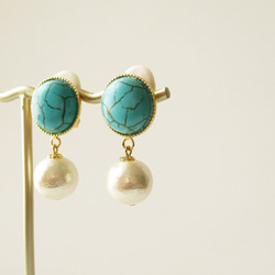 Stabilized turquoise cabochon and cotton pearl, clip on earr 第2張的照片