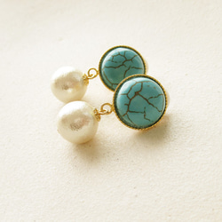 Stabilized turquoise cabochon and cotton pearl, clip on earr 第4張的照片