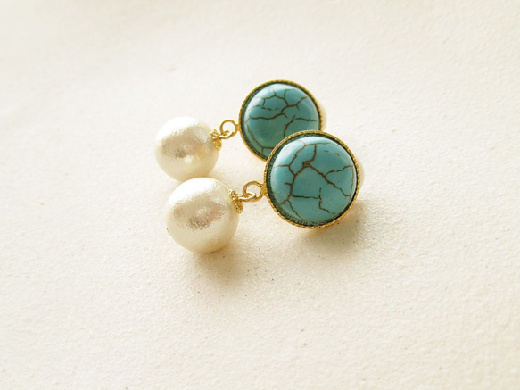 Stabilized turquoise cabochon and cotton pearl, clip on earr 第4張的照片