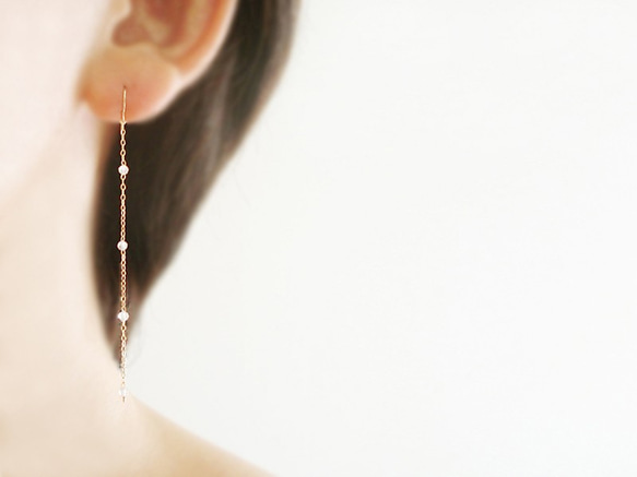 14KGF:White Topaz and long chain, hook earrings（穿孔） 第1張的照片