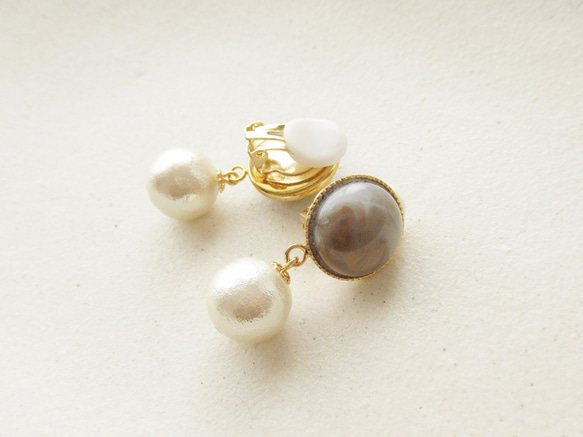 Gray Marble acrylic beads cabochon and cotton pearl, clip on 第5張的照片
