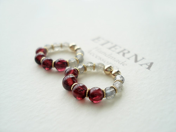 Garnet and Labradorite, tiny hoop earrings 夾式耳環 第2張的照片