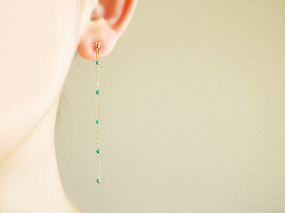 14kgf: turquoise, long chain, clip on earrings 第1張的照片