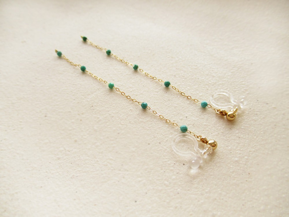 14kgf: turquoise, long chain, clip on earrings 第3張的照片