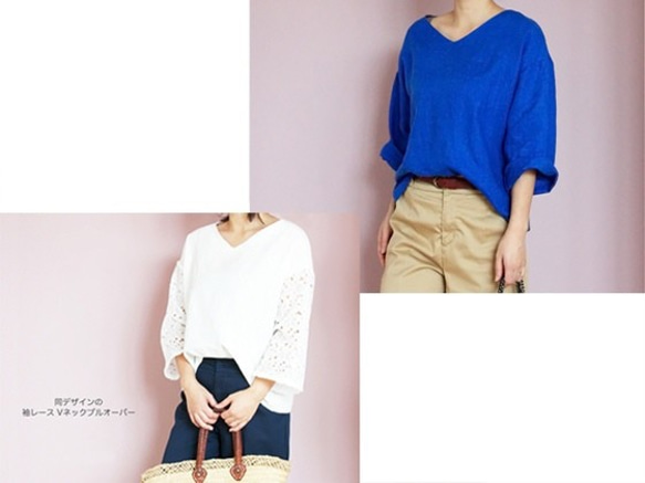 シンプルながら着映えするきれいめネイビー＊襟はすっきりVネック＊着心地やわらかリネン100%＊M〜3L 3枚目の画像