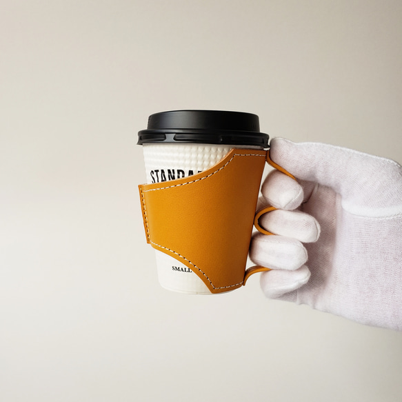 レザーカップ コーヒーカップホルダー 持ち手が握りやすい  　おうち や オフィス でもリッチな カフェタイムを 5枚目の画像