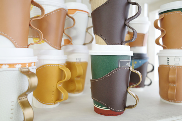 レザーカップ コーヒーカップホルダー 持ち手が握りやすい  　おうち や オフィス でもリッチな カフェタイムを 8枚目の画像