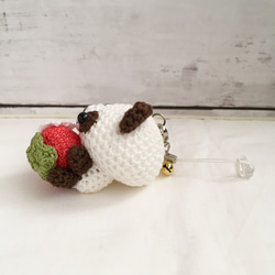[按訂單生產]紅色草莓，深棕色x白色熊貓，帶鈴鐺的耳機插孔 第5張的照片