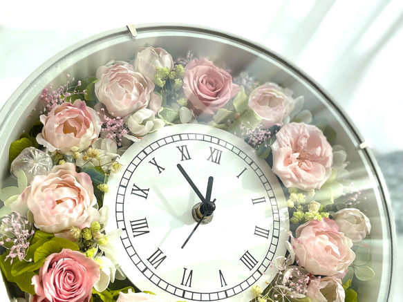 【母の日ギフト】花時計　ピンクのバラ/プリザーブドフラワー　ギフトラッピング無料 5枚目の画像