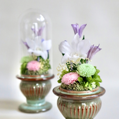 プリザーブドフラワー＊ 仏花 コンパクト 蓮入 ガラスケース対 ＊ お供