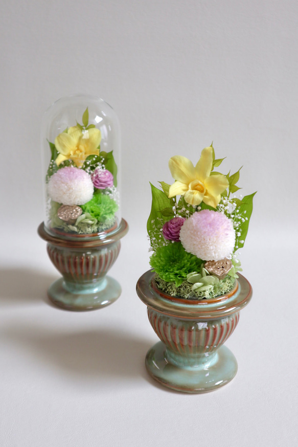 お供え仏花アレンジ ガラスケース プリザーブドフラワー イエロー