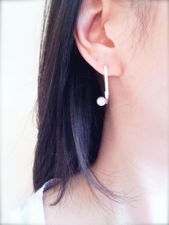 シルバーピアス Square w/pearl Earrings 4枚目の画像