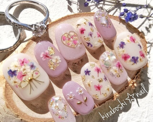ピンク＆パープル♡ドライフラワー♡ネイル【注文時サイズ必須