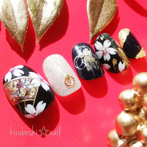 夜桜×扇♡ブラックネイル【注文時サイズ必須です♡ 【vol.8