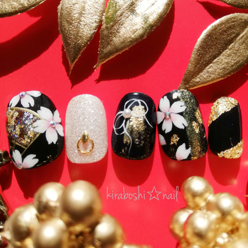 夜桜×扇♡ブラックネイル【注文時サイズ必須です♡ 【vol.8】 ネイル