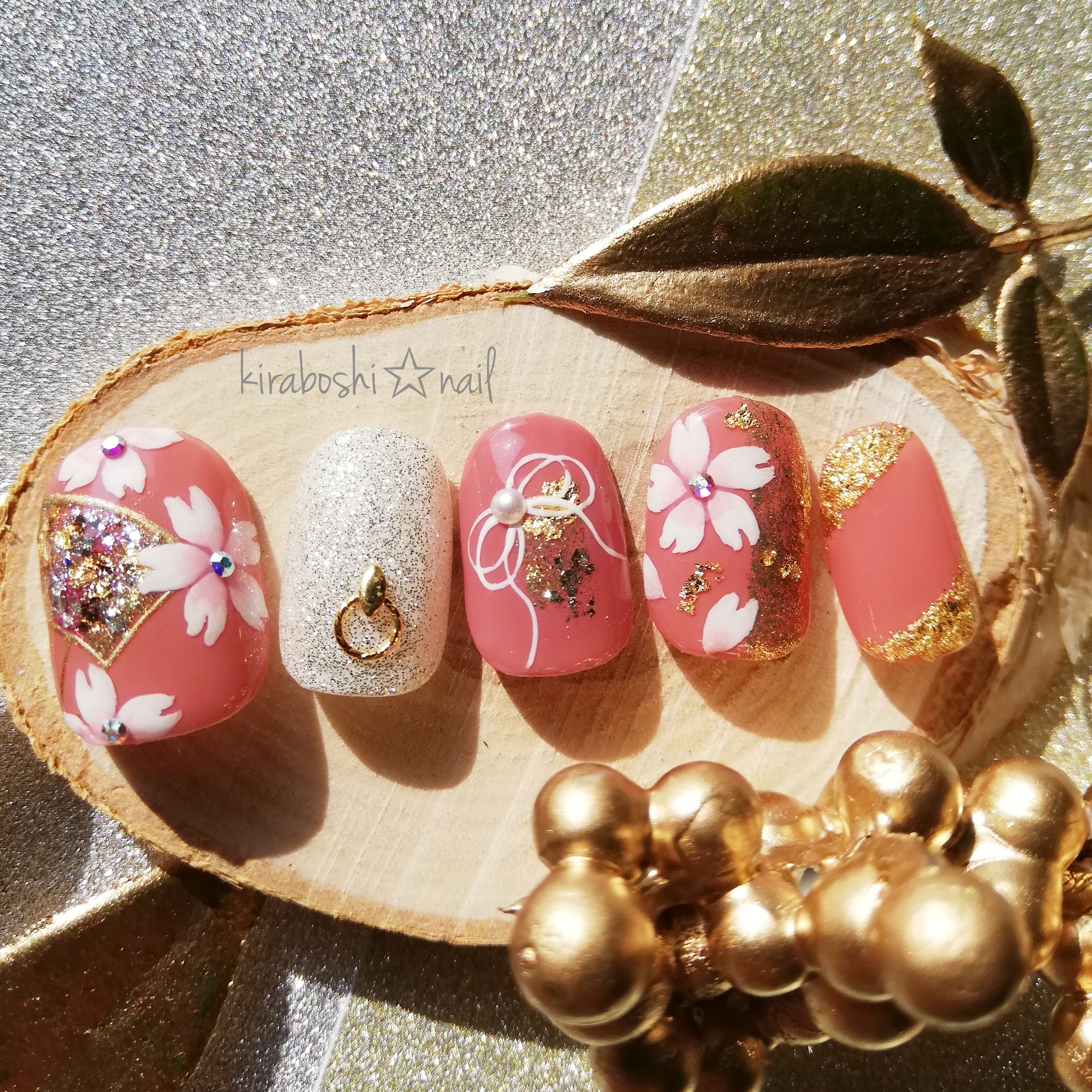 桜×扇♡テラコッタ赤系ネイル【注文時サイズ必須です♡　【vol.８】