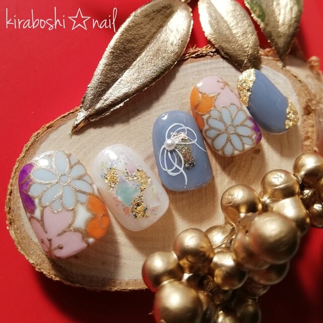 ★⑫くすみブルー♡水色フラワー着物・和装・成人式・色打掛ネイル【注文時サイズ必須です♡　【vol.８】