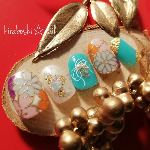 ★⑳水色♡水色フラワー着物・和装・成人式・色打掛ネイル【注文時サイズ必須です♡　【vol.８】