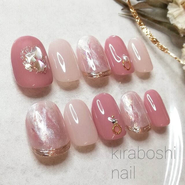 【匿名発送】ネイルチップ ニュアンス　ちゅるん　リボン　推し　ピンクno.76