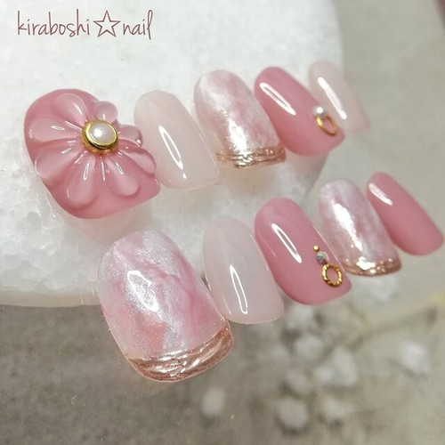 ぷっくりフラワー♡美爪ちゅるんカラー♡ローズピンク系ニュアンス