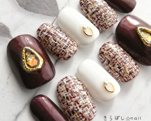 オーダーネイルチップ　ツイードニュアンスブラウンワンホンハート推しno.62 オーダーネイルチップツイードニュアンスブラウンワンホンハート